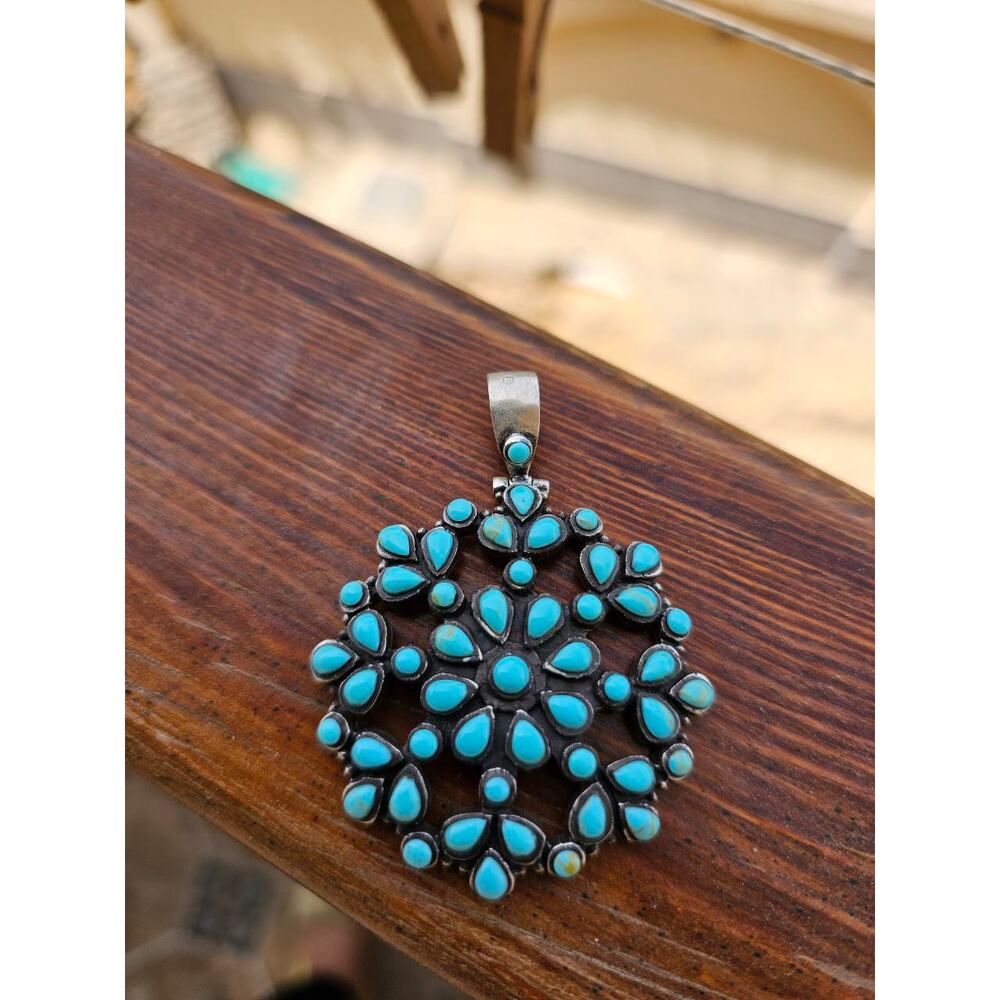 Solid Sterling Silver Snowflake Pendant Natural Turquoise Vintage